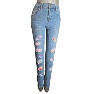 Women Jeans 27 Mid Rise Distressed Patches (W24 L27)
